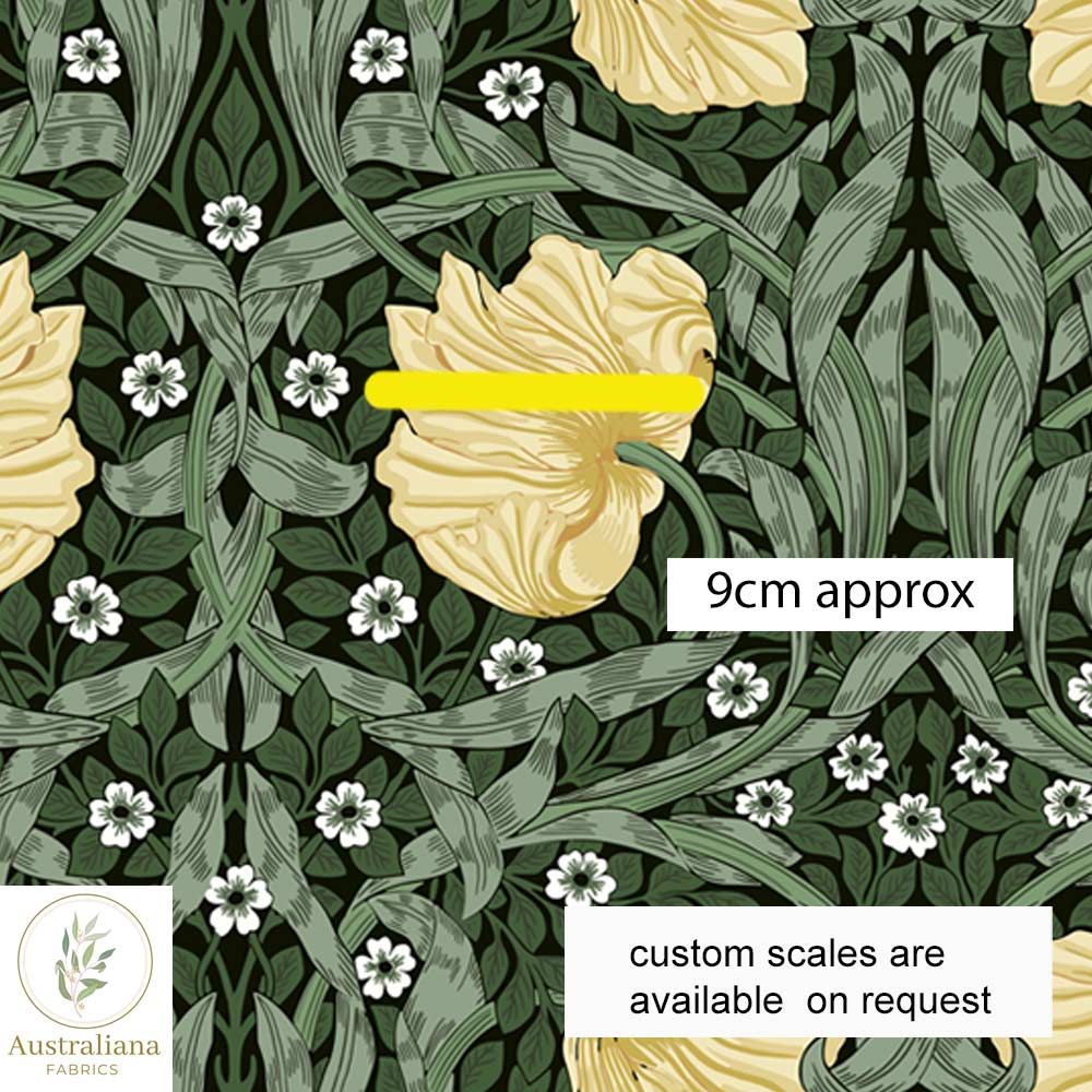 Amanda Joy Fabrics Fabric 1 metre / Cotton Sateen / large William Morris Pimpernel Honey & Sage Green