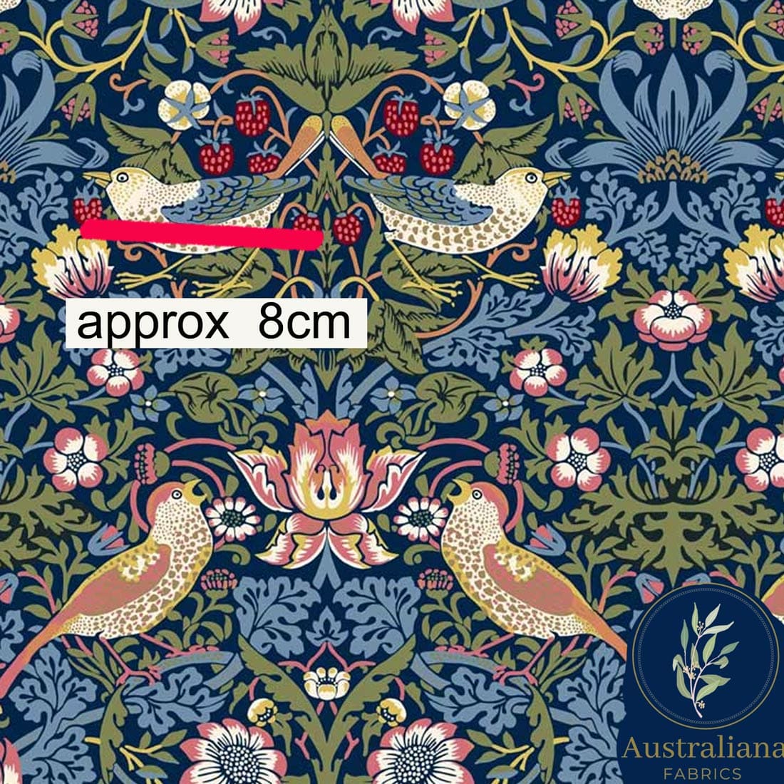 Amanda Joy Fabrics Fabric 1 metre / Cotton Sateen / Large William Morris Strawberry Thief ~ Blue
