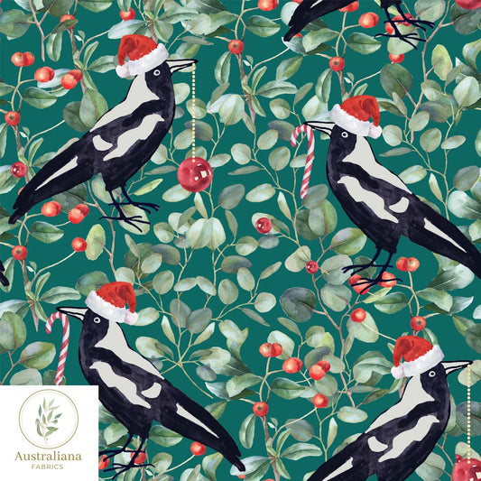 Amanda Joy Fabrics Fabric 1 metre / Green / Cotton sateen Christmas Magpie Songs
