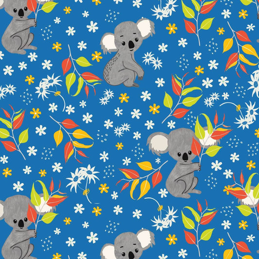 Amanda Joy Fabrics Fabric 1 Metre / Premium woven 100% cotton sateen 150gsm Koala calypso Fabric on Blue~ Australian made