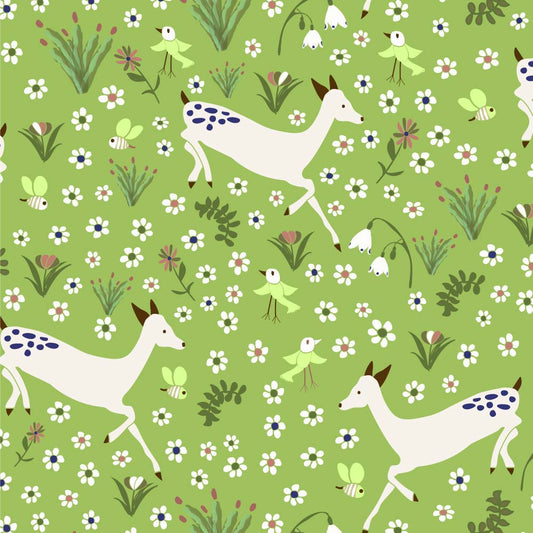 Amanda Joy Fabrics Fabric 1 Metre / Premium Woven Cotten Sateen 150gsm Running Deer on Green