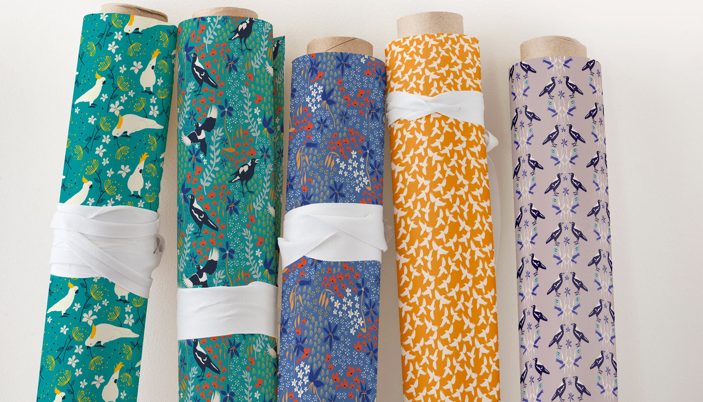 Amanda Joy Fabrics Fabric 1 Metre / Premium woven cotton sateen 150gsm Cockatoo fabric Aqua ~ Australian made