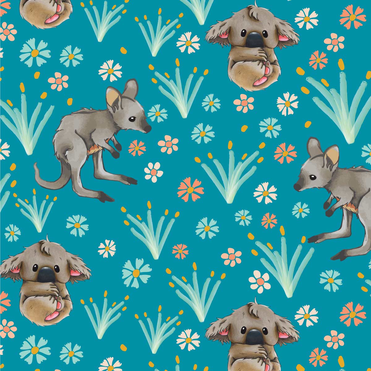 Amanda Joy Fabrics Fabric 1 Metre / Premium woven cotton sateen 150gsm Joey Koala Garden Fabric Blue