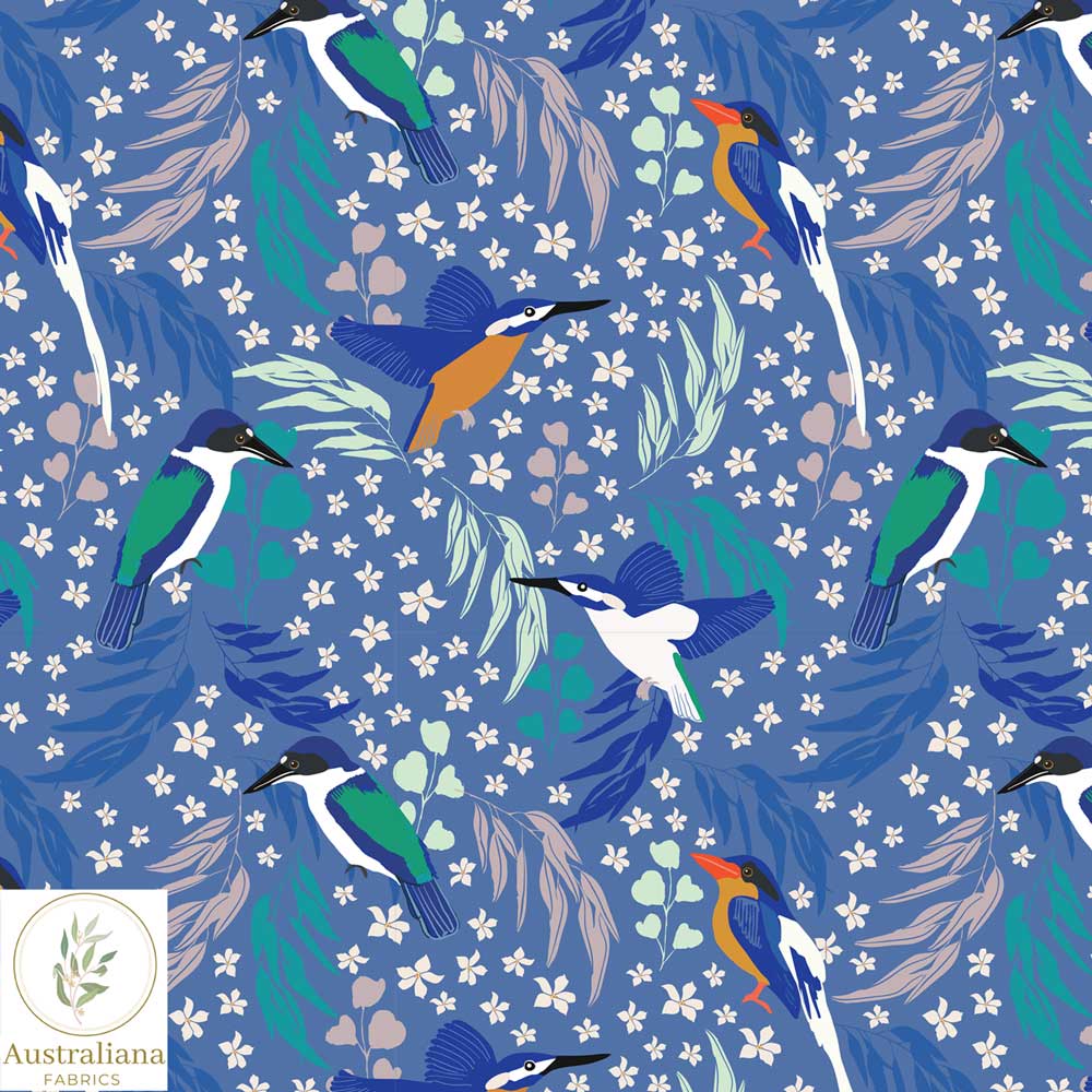 Amanda Joy Fabrics Fabric 1 Metre / Premium Woven Cotton Sateen 150gsm Kingfisher Dance Fabric Blue