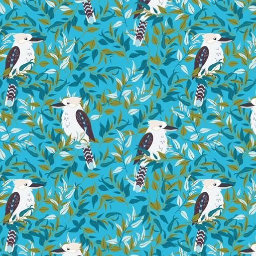 Amanda Joy Fabrics Fabric 1 Metre / Premium woven cotton sateen 150gsm Kookaburra in the gum trees Blue