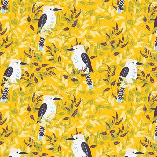 Amanda Joy Fabrics Fabric 1 Metre / Premium woven cotton sateen 150gsm Kookaburra in the Gum Trees Yellow Gold
