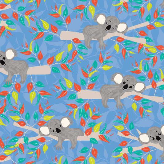 Amanda Joy Fabrics Fabric 1 Metre / Premium woven cotton sateen 150gsm Sleeping Koala Fabric on Blue