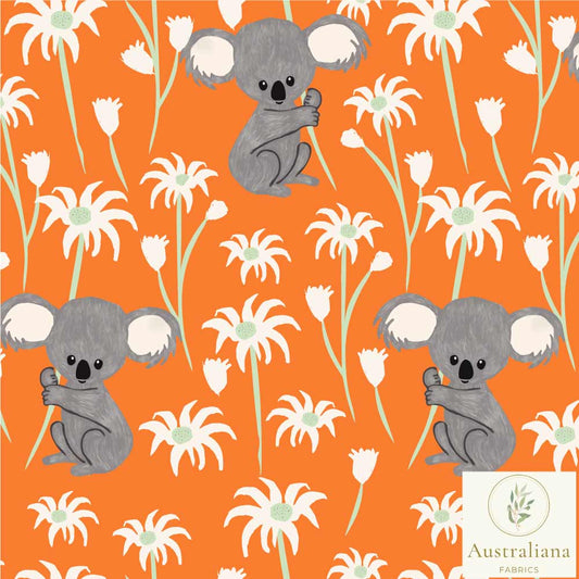 Amanda Joy Fabrics Fabric 1 Metre / Premium woven cotton sateen 150gsm Sweet Koala on Orange~ Australian made