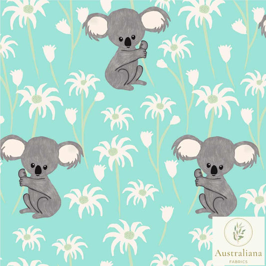 Amanda Joy Fabrics Fabric 1 Metre / Premium woven cotton sateen 150gsm Sweet Koala on Turquoise
