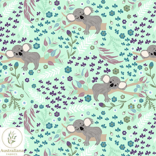 Amanda Joy Fabrics Fabric 1 Metre / Premium Woven cotton sateen 150gsm Sweet Sleepy Koala on Turquoise~ Australian made