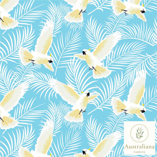 Amanda Joy Fabrics Fabric 1 Metre / Premium Woven Cotton Sateen 150gsm Tropical Cockatoo fabric Blue