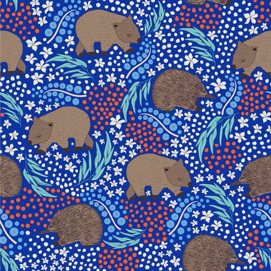 Amanda Joy Fabrics Fabric 1 Metre / Premium woven cotton sateen 150gsm Wombat & Echidna Blue