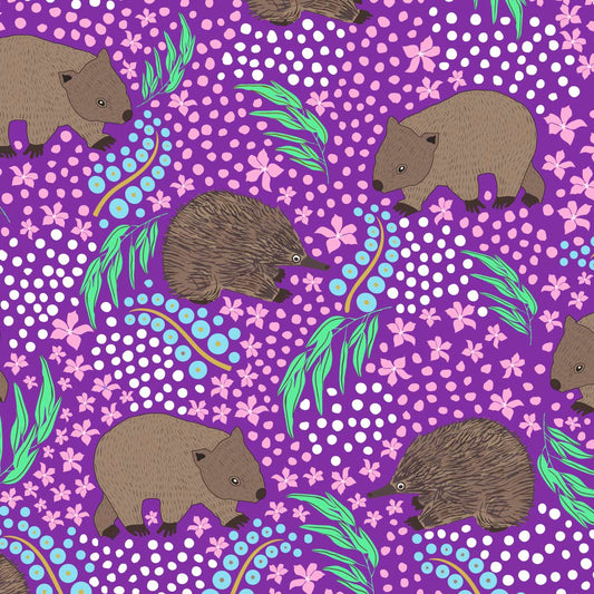 Amanda Joy Fabrics Fabric 1 Metre / Premium woven cotton sateen 150gsm Wombat & Echidna Purple
