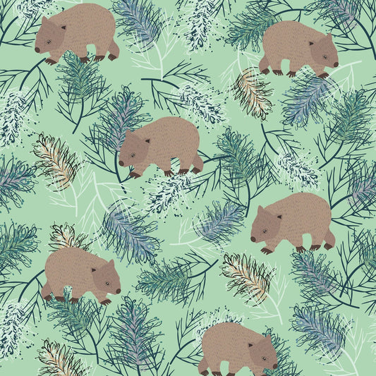 Amanda Joy Fabrics Fabric 1 Metre / Premium woven cotton sateen 150gsm Wombat Wanderings Green