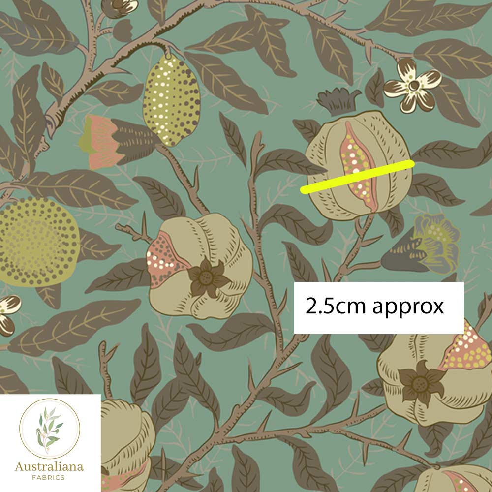 Amanda Joy Fabrics Fabric 1 metre / Woven Cotton Sateen 150gsm / Small William Morris Pomegranate Fruit ~ Green