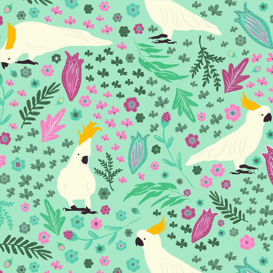 Amanda Joy Fabrics Fabric 50cm Cockatoo Garden on Soft Aqua