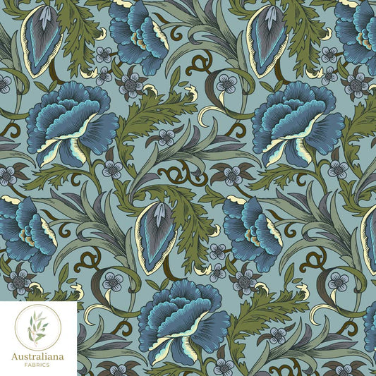 Amanda Joy Fabrics Fabric Blue Floral Art Nouveau Blooms Upholstery