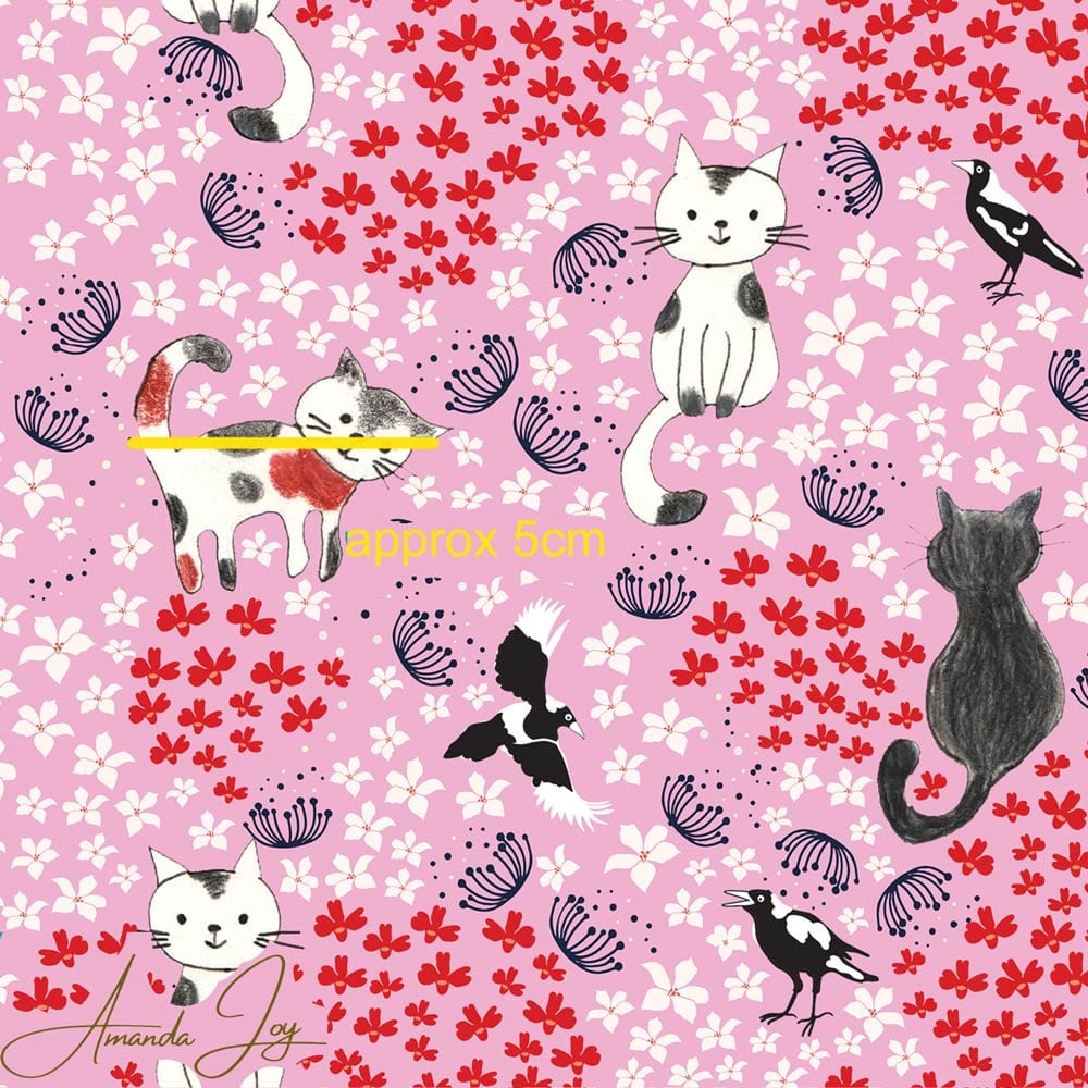 Amanda Joy Fabrics Fabric Cats & Magpies on pink