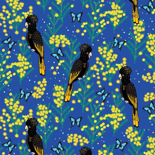 Amanda Joy Fabrics Fabric Cotton Sateen / 1 Metre Yellow Tailed Black Cockatoo on blue
