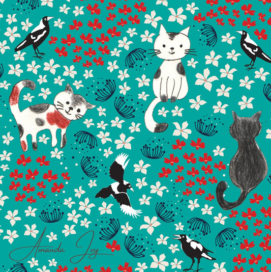 Amanda Joy Fabrics Fabric Premium Quality Woven Cotton 150gsm / 1 Metre Cats & Magpies on Green