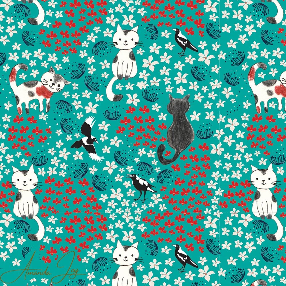 Amanda Joy Fabrics Fabric Premium Quality Woven Cotton 150gsm / 1 Metre Cats & Magpies on Green
