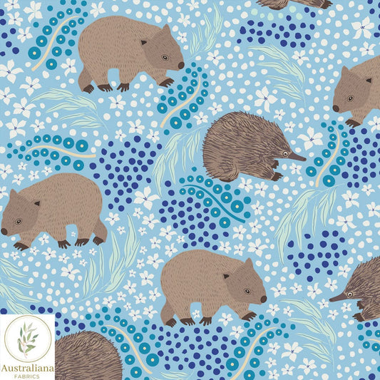 Amanda Joy Fabrics Fabric Premium Quality Woven Cotton sateen 150gsm / 1 Metre (Cut in Continuous lengths) Wombat & Echidna Sky Blue