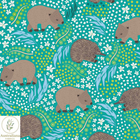 Amanda Joy Fabrics Fabric Premium Quality Woven Cotton sateen 150gsm / 1 Metre Wombat & Echidna Green