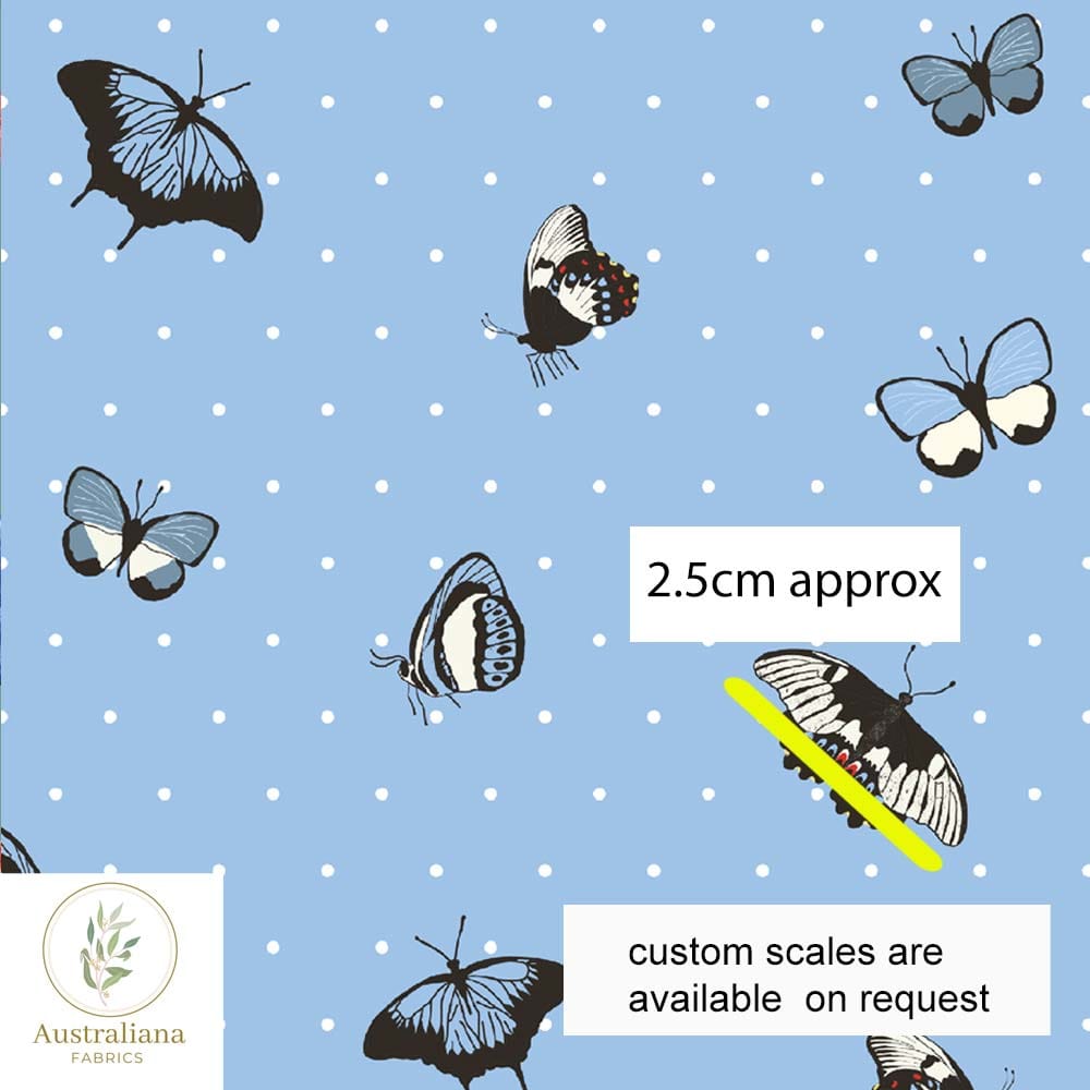 Amanda Joy Fabrics Fabric Woven Cotton Sateen 150gsm / 1 Metre / Small Australian Butterfly Blue Skies